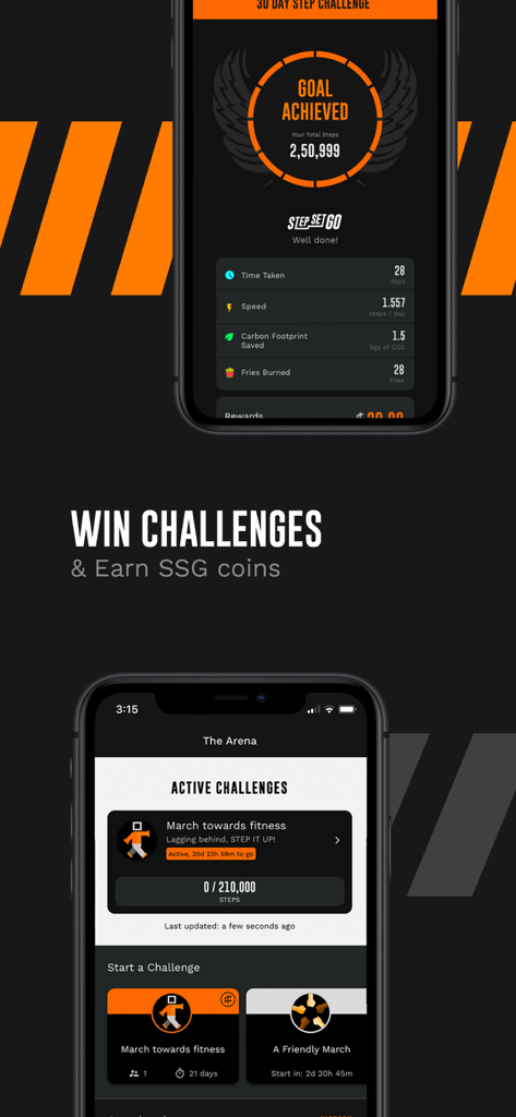 StepSetGo: Step Into Rewards - Two mobile screens from the StepSetGo app featuring a goal achievement summary and the active challenges arena to earn rewards.