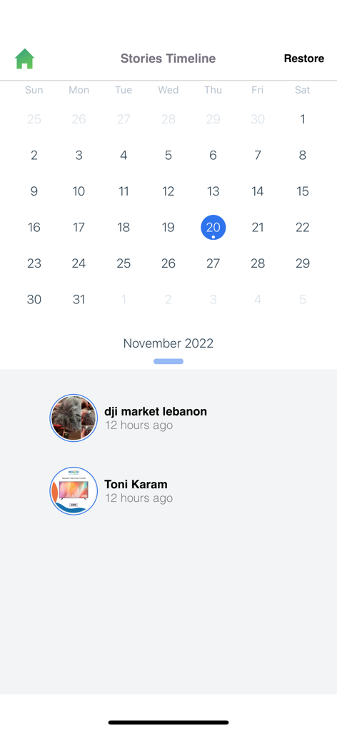 Status Saver Video Photo Save - Mobile app screen showing a calendar-based history of saved WhatsApp statuses and stories.