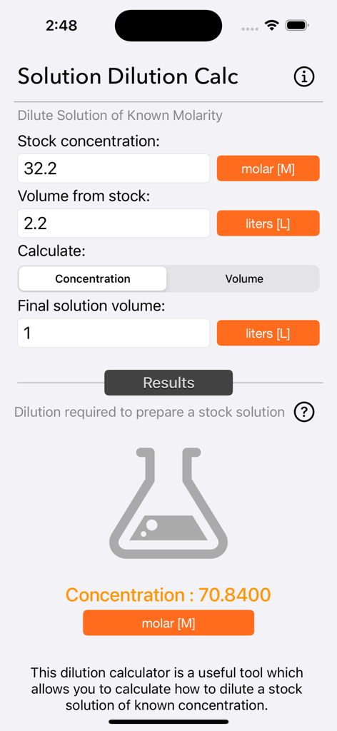 Solution Dilution Calculator - Une interface d'application mobile pour calculer les dilutions de solutions chimiques avec des champs de concentration mère et finale