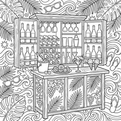 Unwind with this intricate coloring page showcasing a fully stocked wine bar cabinet, ready for a tropical getaway. Dive into a detailed summer scene, perfect for adding your personal splash of color.