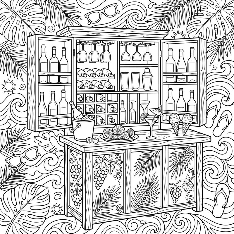Unwind with this intricate coloring page showcasing a fully stocked wine bar cabinet, ready for a tropical getaway. Dive into a detailed summer scene, perfect for adding your personal splash of color.
