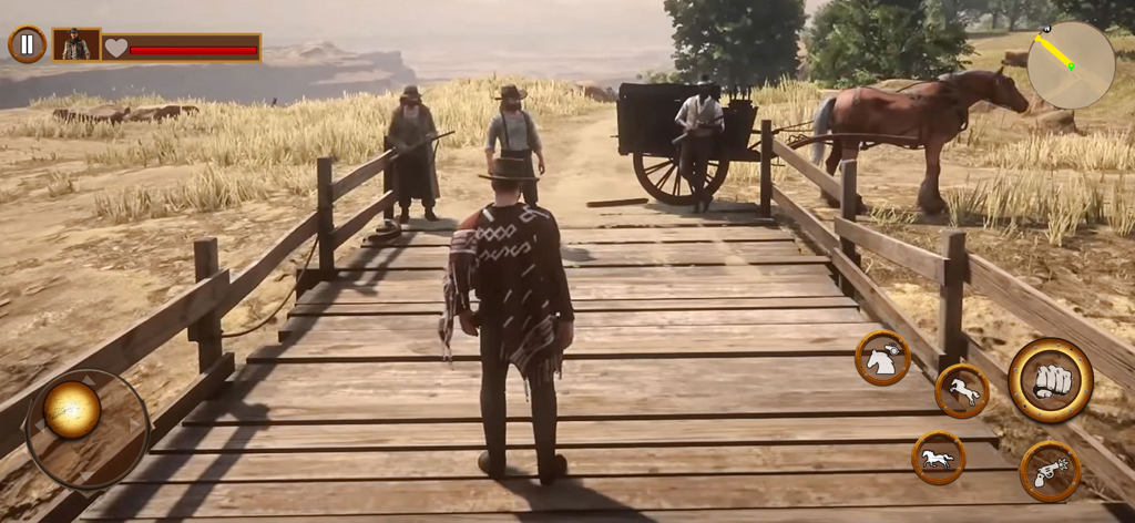 West Survival of Cowboy Horse - A cowboy character in a poncho standing on a wooden bridge facing other characters in a western landscape.