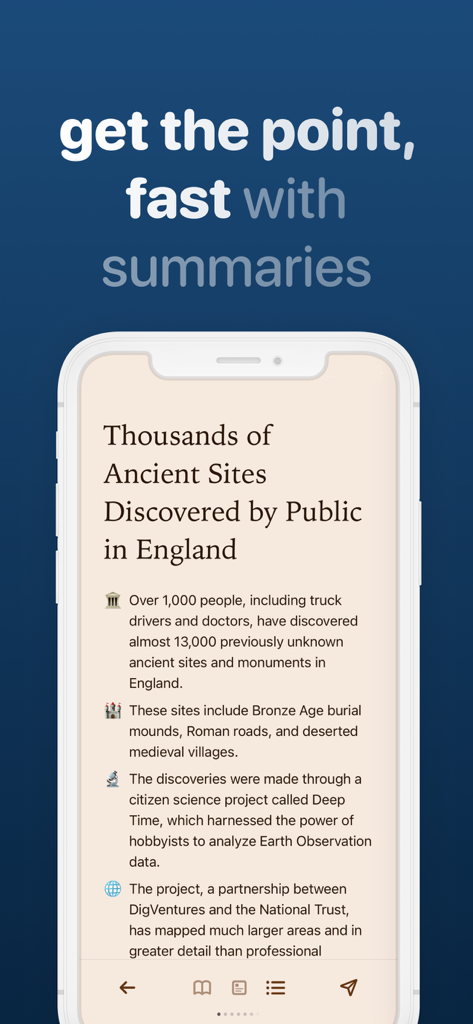 feeeed: rss reader and more - Screenshot of the feeeed app displaying concise AI generated bullet point summaries for a news article