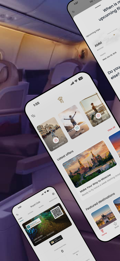 Royal Jordanian Airlines - 로열 요르단 항공 모바일 앱의 스크린샷, 비행기 객실 배경 위로 여행 제안, 항공편 상태 및 로열 클럽 회원 정보 표시.