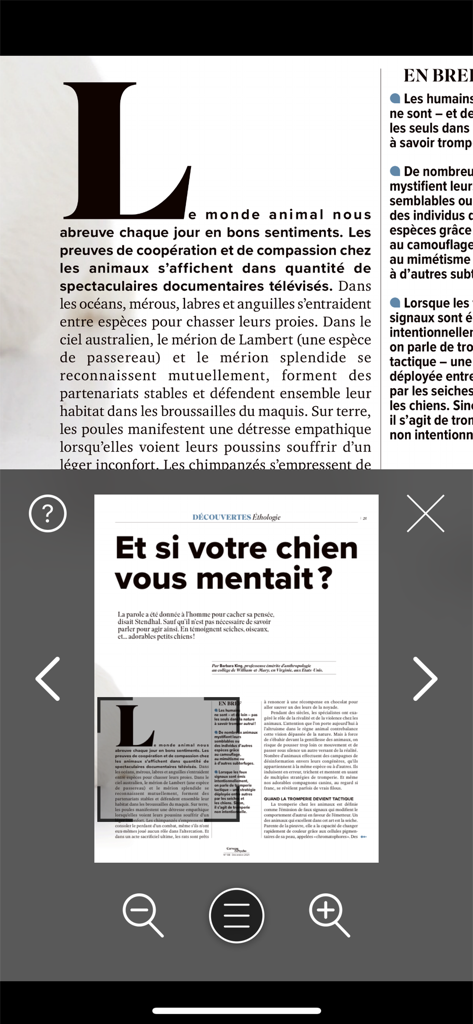 Cerveau & Psycho - Article reading interface of the Cerveau and Psycho app showing a story about dog behavior and psychology