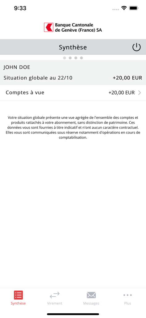 Interface de l'application BCGEF Banque Mobile montrant le résumé du compte et le solde global d'un utilisateur.