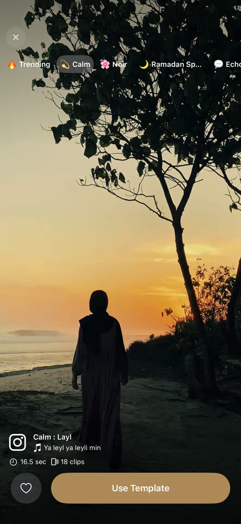 A woman in a hijab walking on a beach at sunset inside an aesthetic video template editor