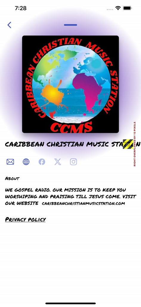 Caribbean Christian Music - The about screen of the Caribbean Christian Music Station app showing the logo, social media links, and mission statement.
