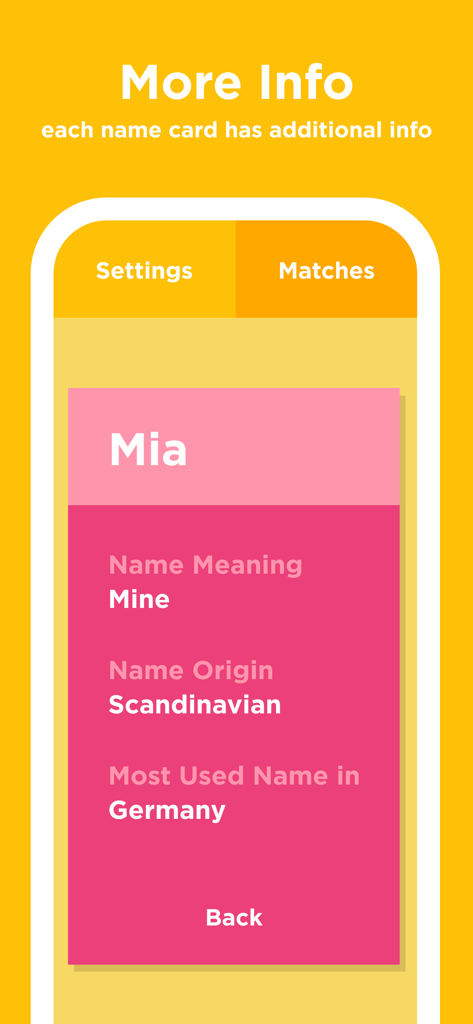 BabyName - find it together - Screenshot of the BabyName app showing the meaning and origin of the name Mia