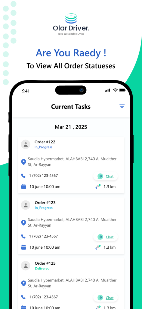 Olar Driver - Interfaz de la aplicación Olar Driver que muestra una lista de tareas de recolección actuales con números de pedido y estados