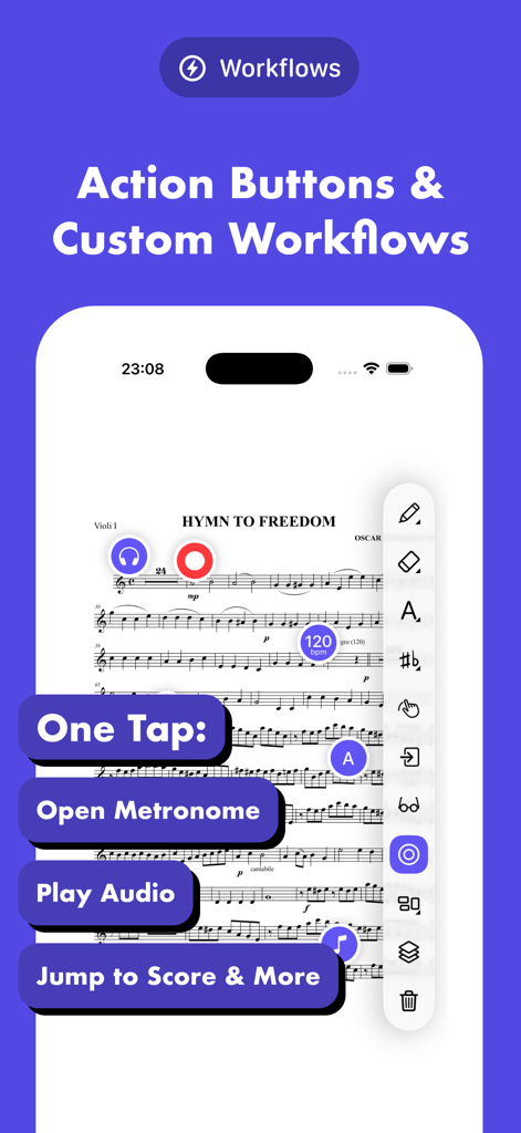 Interfaz de la aplicación de música digitalscore mostrando botones de acción personalizados en una partitura para una gestión sencilla del flujo de trabajo.