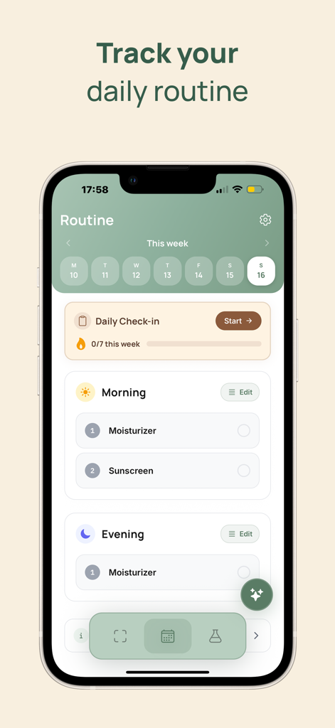 Skinsight AI: Korean Skincare - Skinsight AI mobile app interface showing a daily skincare routine tracker with checklists for morning and evening products