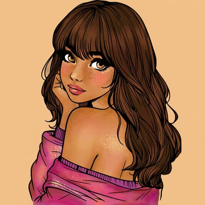 realistic girl with bangs looking over her shoulder