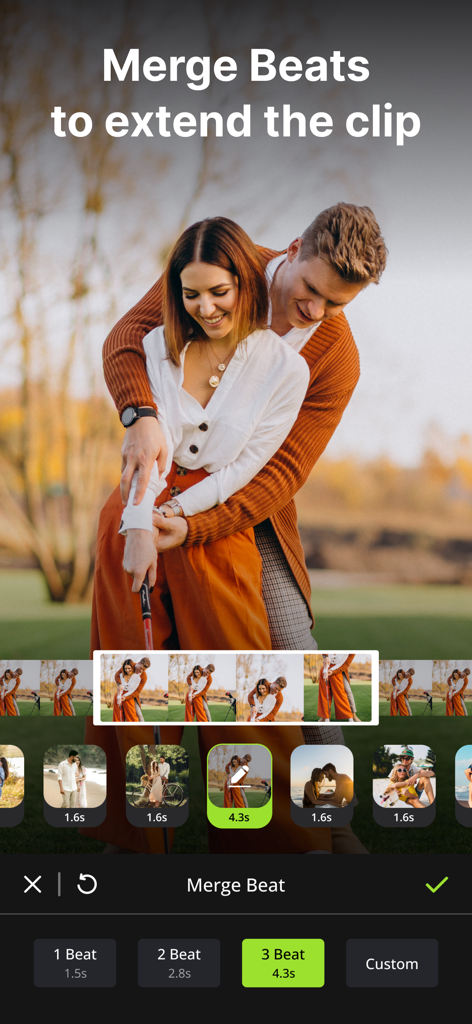 Reel Maker for Insta - BeatMix - BeatMix App-Oberfläche, die die Funktion 'Beats zusammenführen' zeigt, um die Dauer von Videoclips, die mit Musik-Beats synchronisiert sind, zu verlängern
