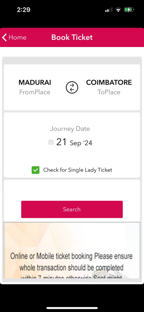 TNSTC official bus booking app interface for searching tickets from Madurai to Coimbatore