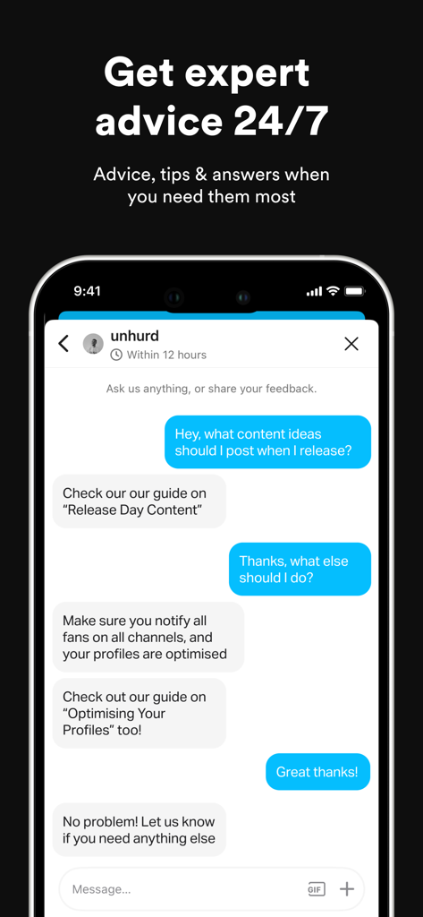 un:hurd: Music Marketing - Interface de chat dans l'application unhurd montrant des conseils marketing d'experts pour les musiciens indépendants