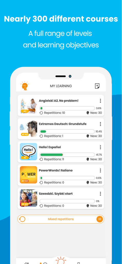 SuperMemo – effective learning - SuperMemo app dashboard showing a list of language courses with progress bars and spaced repetition metrics.