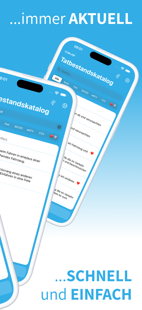 Tatbestandskatalog - Tatbestandskatalog mobile app interface showing German traffic offense categories and search functionality