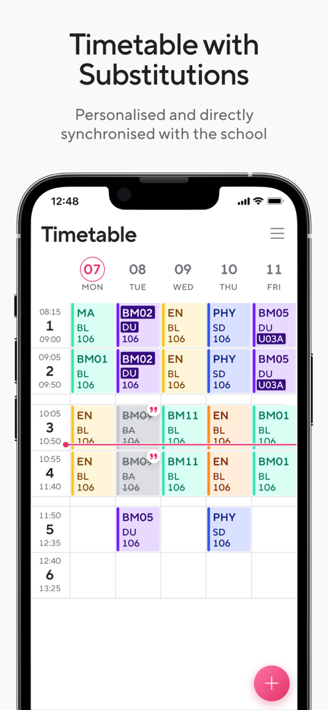 Sdui - Sdui app interface showing a color-coded school timetable with class details and substitutions