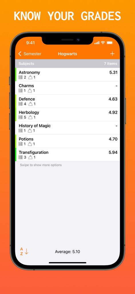 Grade Calculator PlusPoints app interface showing a list of school subjects with their grades and the overall average