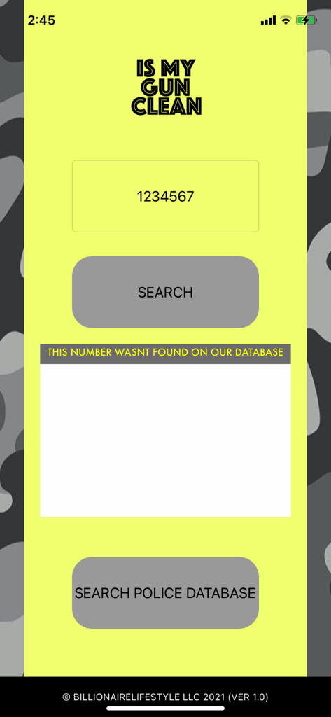 Interface of the Is My Gun Clean app showing a firearm serial number search screen with search buttons