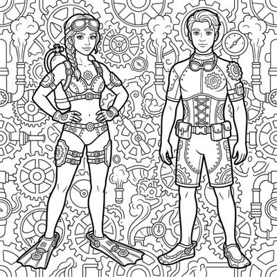 Explore a unique fusion of fashion and fantasy with our Steampunk Swim Activewear coloring page, featuring two characters in highly detailed gear. Dive into an intricate world of gears, cogs, and retro-futuristic designs waiting for your creative touch.