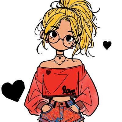 girl with a messy ponytail glasses a baggy crop top and jean shorts