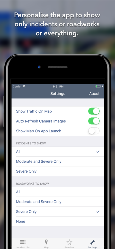 Settings menu for filtering traffic incidents and roadworks in the Illinois State Roads app.