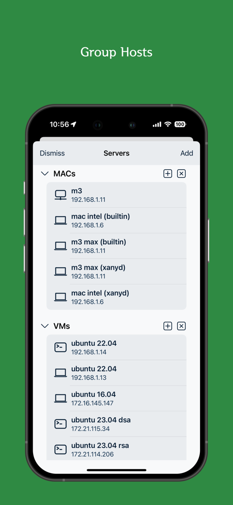 Xany app interface showing a categorized list of MAC and VM server hosts with IP addresses for remote access.