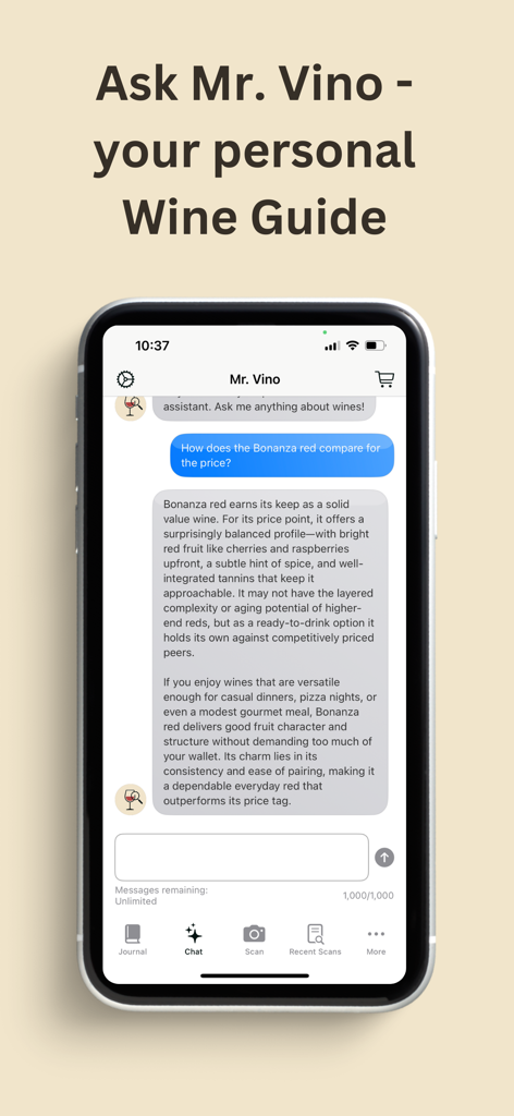 VinoVision: Wine Scanner - Smartphone screen displaying the VinoVision AI wine guide chatbot interface