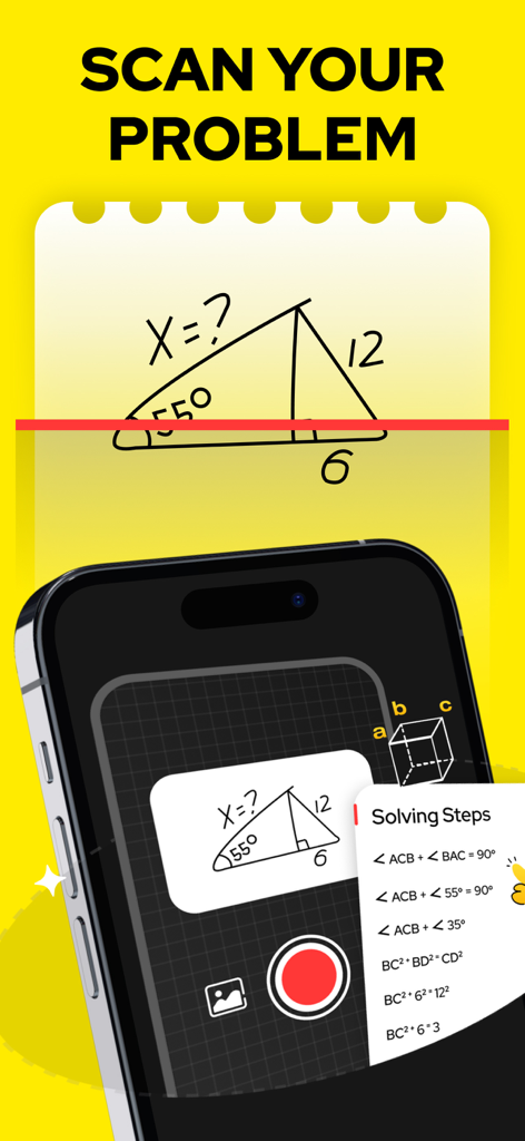 AI Math Problem Solver: MathAI - iPhone scanning a geometry triangle problem and showing step-by-step solving solutions with MathAI app