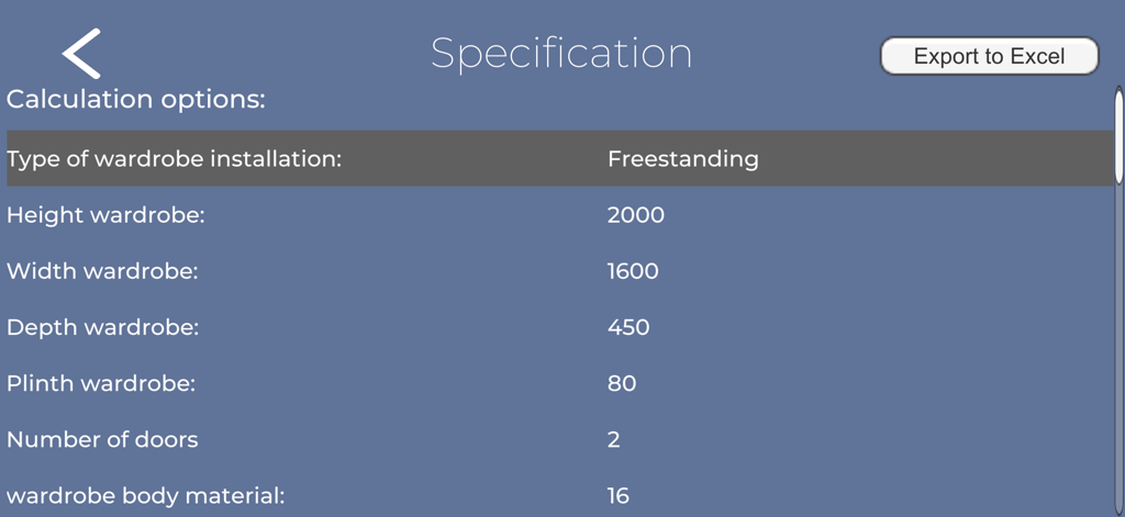 Wardrobe Designer app specification screen showing closet dimensions and material details for a freestanding wardrobe