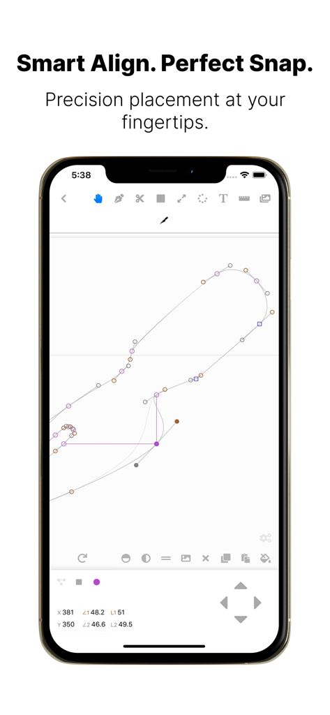Letterforms - Font Maker - Smartphone screen displaying the Smart Align and Perfect Snap features for precision font design in the Letterforms app.