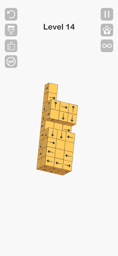 A 3D block puzzle structure with arrows on each cube from level 14 of Tap Master