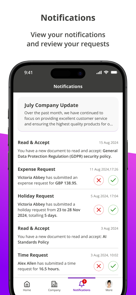 Tela de notificações do aplicativo Staffology HR mostrando atualizações da empresa e solicitações de funcionários para despesas e férias.