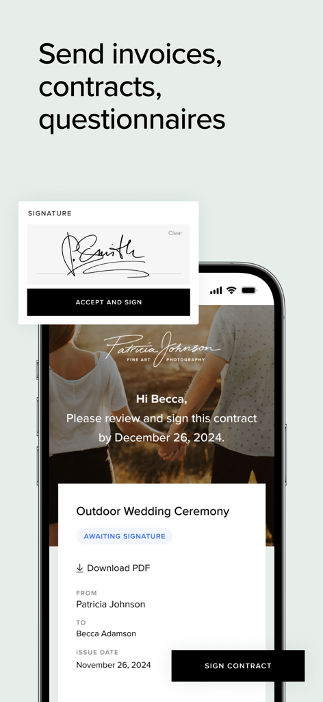 App Pixieset Studio Manager che mostra un contratto digitale e un'interfaccia di firma per fotografi