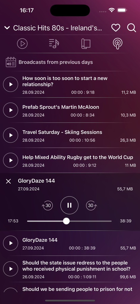 Irish Radio Live - Ireland - Archive section of the Irish Radio Live app showing a list of past radio broadcasts and a media player interface.
