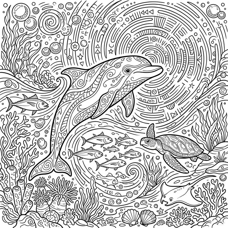 Explore the fascinating world of dolphin echolocation with this detailed coloring page, specially designed to captivate teen artists. Discover intricate patterns of sound waves and a vibrant marine ecosystem waiting for your creative touch.