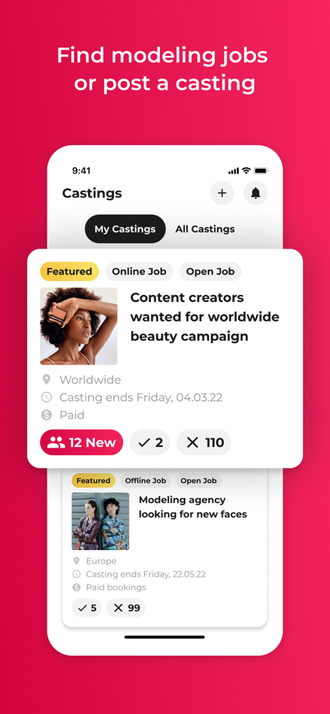 Model Now app screen showing a list of casting calls for models and content creators