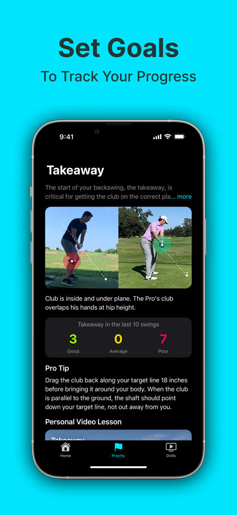 Side-by-side golf swing comparison and takeaway analysis in the Sparrow app showing user versus pro performance.