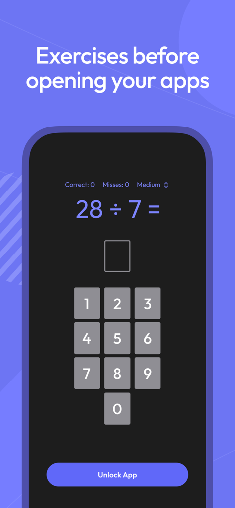 A smartphone screen displaying a math division problem that must be solved to unlock an app as part of screen time management.