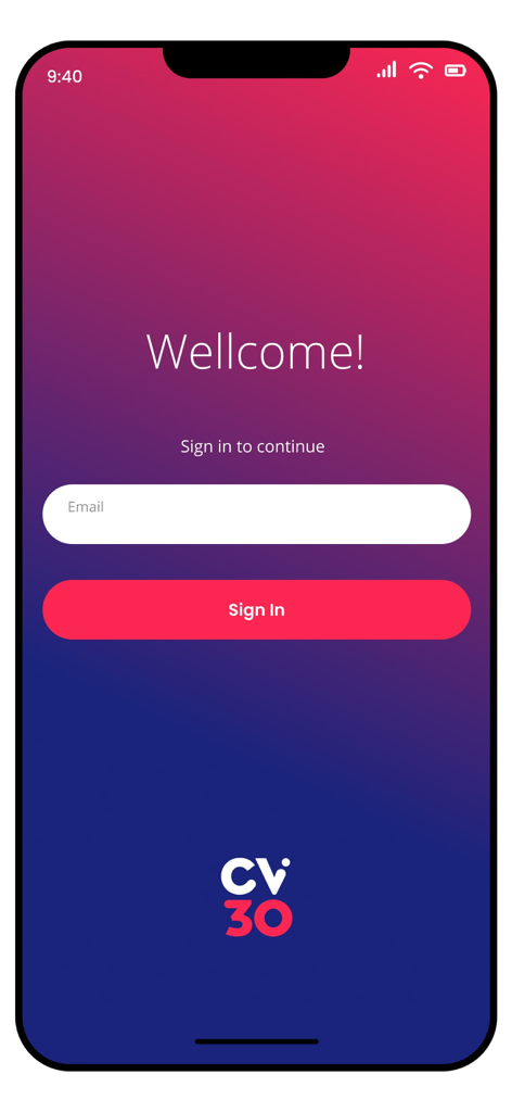 Login screen of the CV30 app with email sign-in field and welcome message