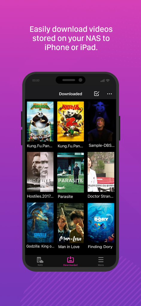 AiVideos - ASUSTOR NAS - AiVideos app interface displaying a list of downloaded movies from a NAS on a smartphone
