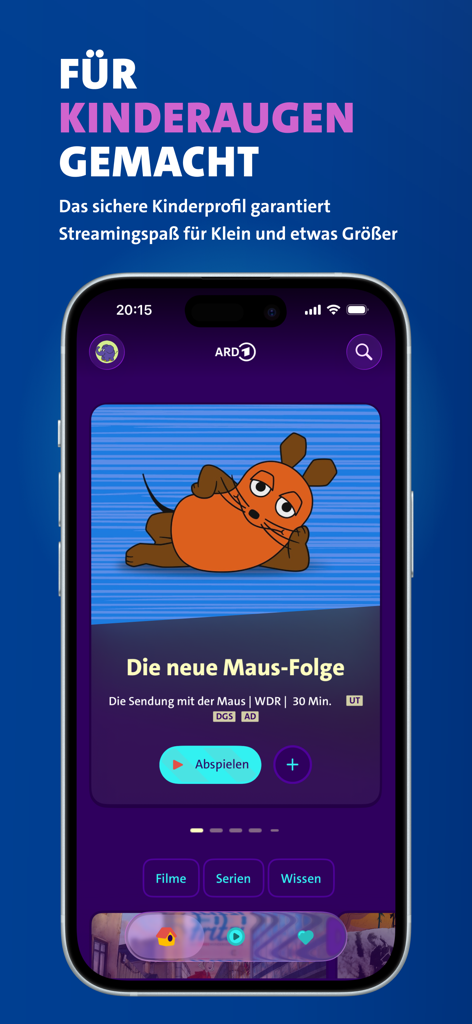 Interfaccia dell'app ARD Mediathek che mostra il profilo sicuro per bambini con programmazione per bambini tedeschi