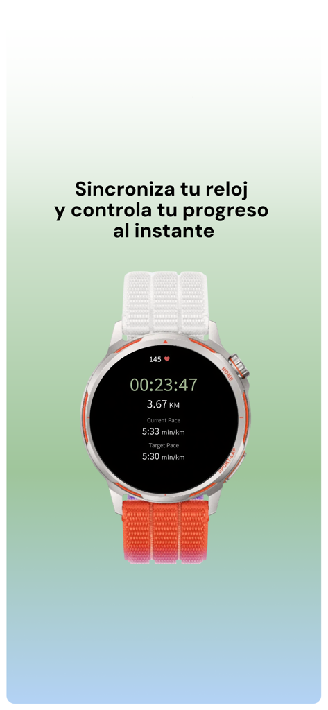 The Ginger Club - Smartwatch showing running statistics and pace tracking synchronized with The Ginger Club app