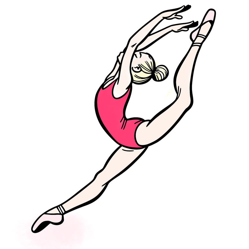 gymnast doing a leap in a leotard with a bent back leg