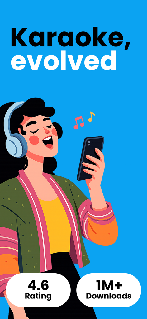 Karaoke One - Illustration of a woman wearing headphones and singing into a smartphone with the text Karaoke evolved