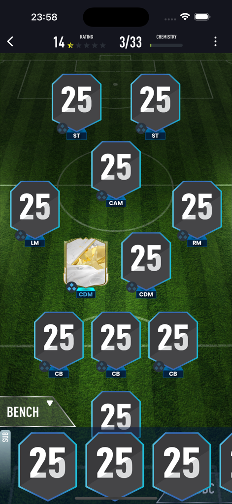 PACFUT 25 - PACFUT 25 football squad builder screen showing player positions on a pitch