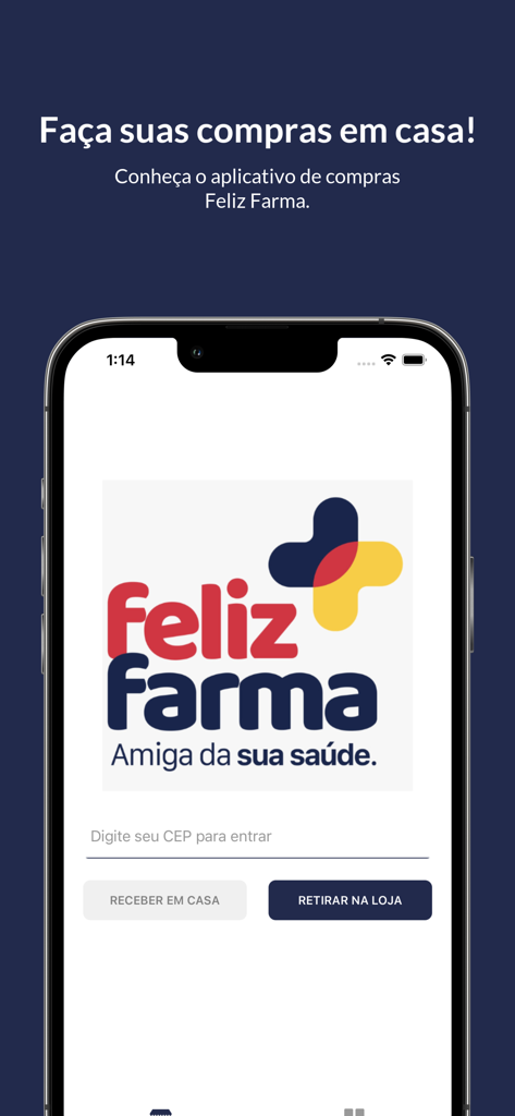 Feliz Farma - Tela inicial do aplicativo móvel Feliz Farma mostrando opções de entrega em domicílio e retirada na loja com um campo de entrada de código postal.