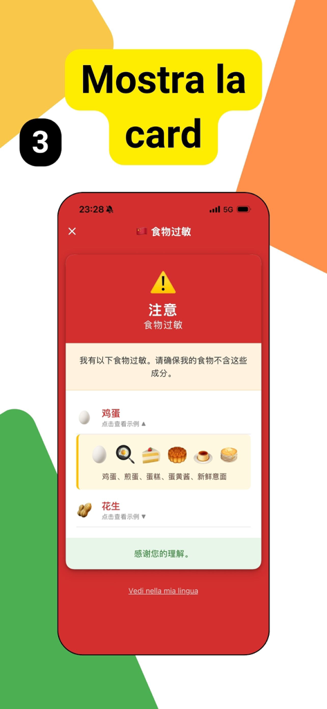 AllergiApp - Cartão de alergia digital em chinês mostrando ícones de ovos e amendoins para comer fora com segurança